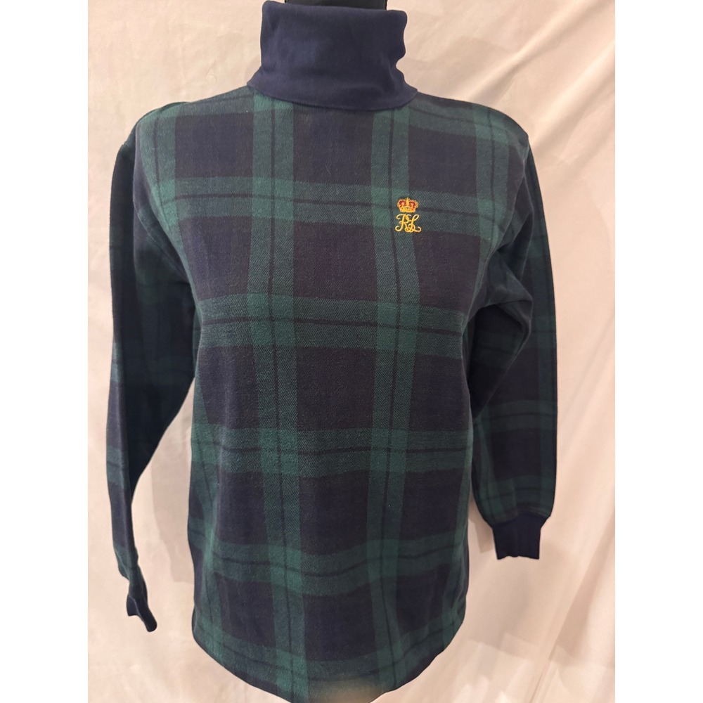 Ralph Lauren Black Watch Plaid Turtleneck Top Navy Green RL Crest Small USA Made